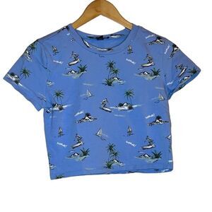 LARGE Crop Top ~ T-shirt ~ Forever 21 ~ Blue W Palm Trees ~ EUC